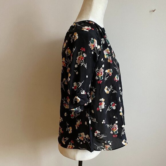 MADEWELL BNWOT Black Floral Vneck Ruffle Short Sleeve Top Sz XSmall Silk - Picture 4 of 8
